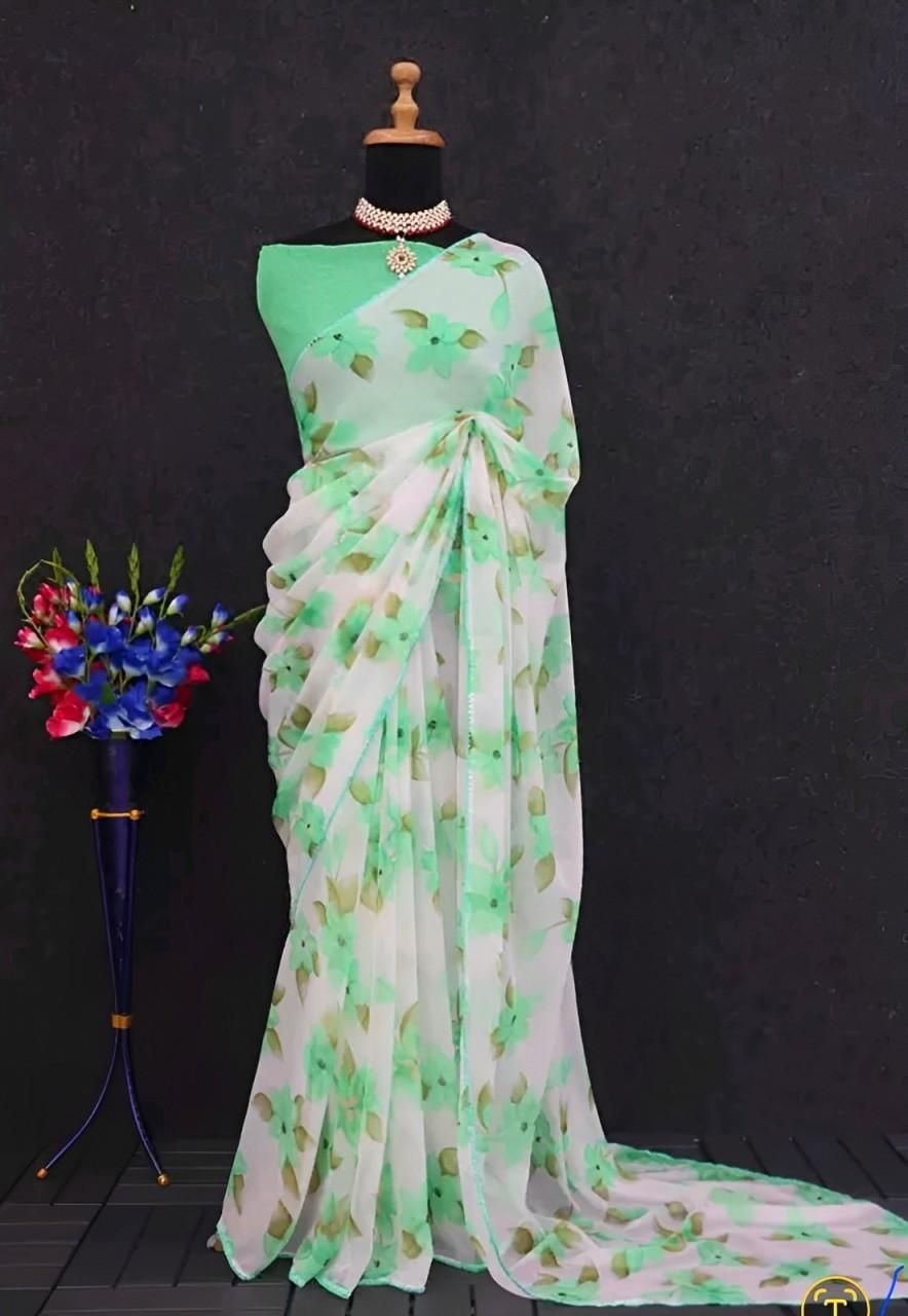Printed Georgette Saree
Product Name -Georgette Saree
Material - Georgette 
Saree Legnth - 5.20Mtr
Blouse Length - 0.50 Mtr
This Printed Georgette Saree is crafted with high-quality fabric, featuring a beautiful printed design. It offers a lightweight and comfortable fit, perfect for any occasion. The saree's print adds a touch of elegance and style, making it a must-have for your wardrobe. Elevate your style with this stunning saree.